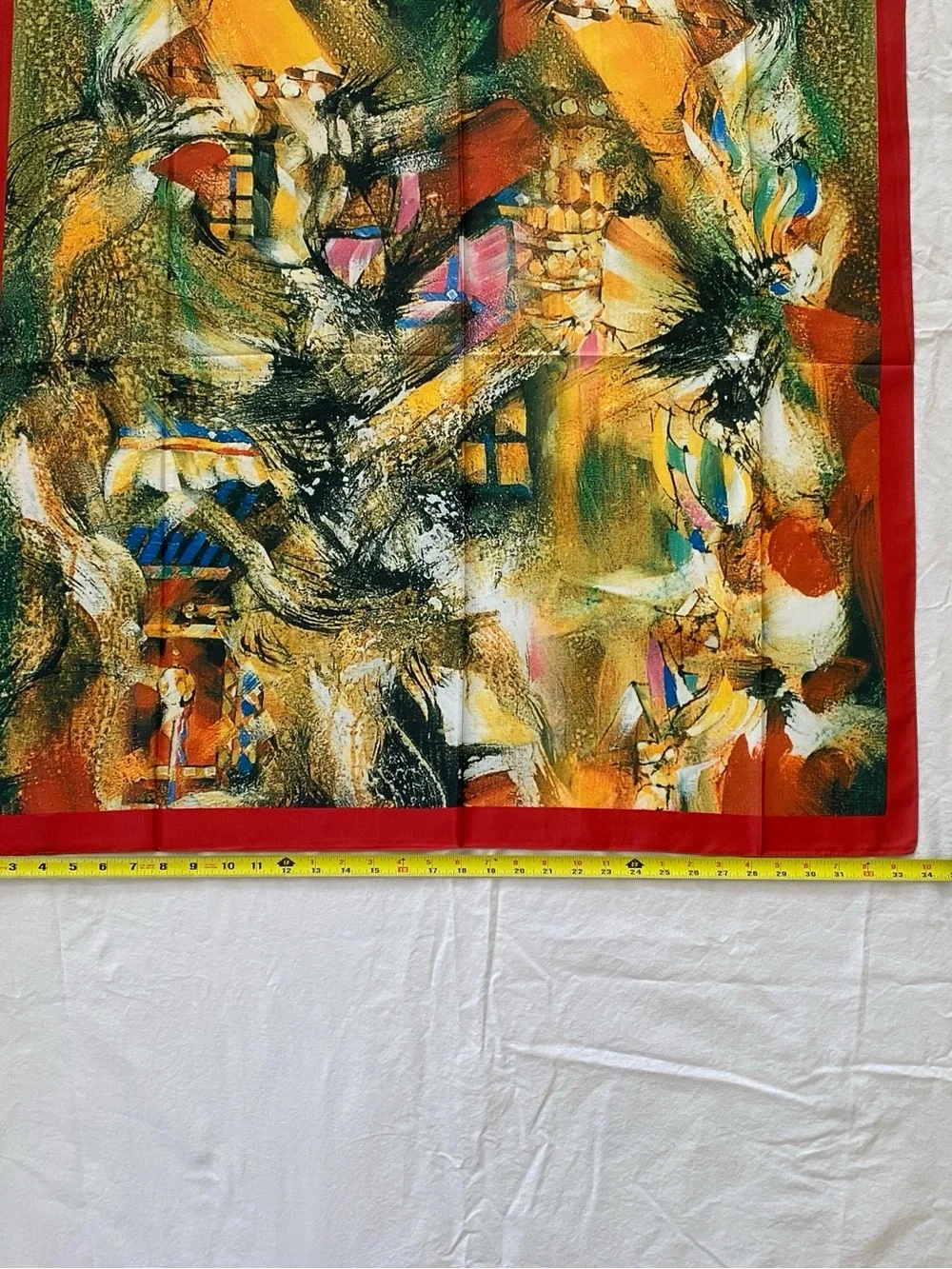 Silk Scarf Wrap Dress Top Abstract Multicolor with Red Trim
